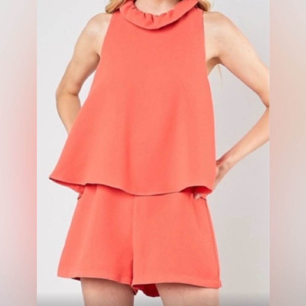 Do+Be halter layered jumper romper orange women’s size small bow tie in back (M) - Picture 2 of 11
